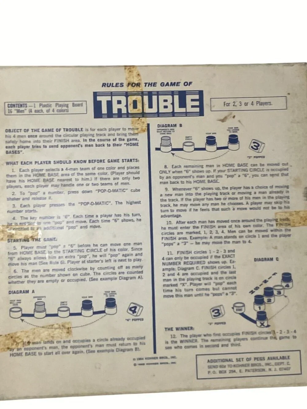 Trouble Board Game With Pop-O-Matic Dice Shaker Kohner Bros 1965 Complete Set